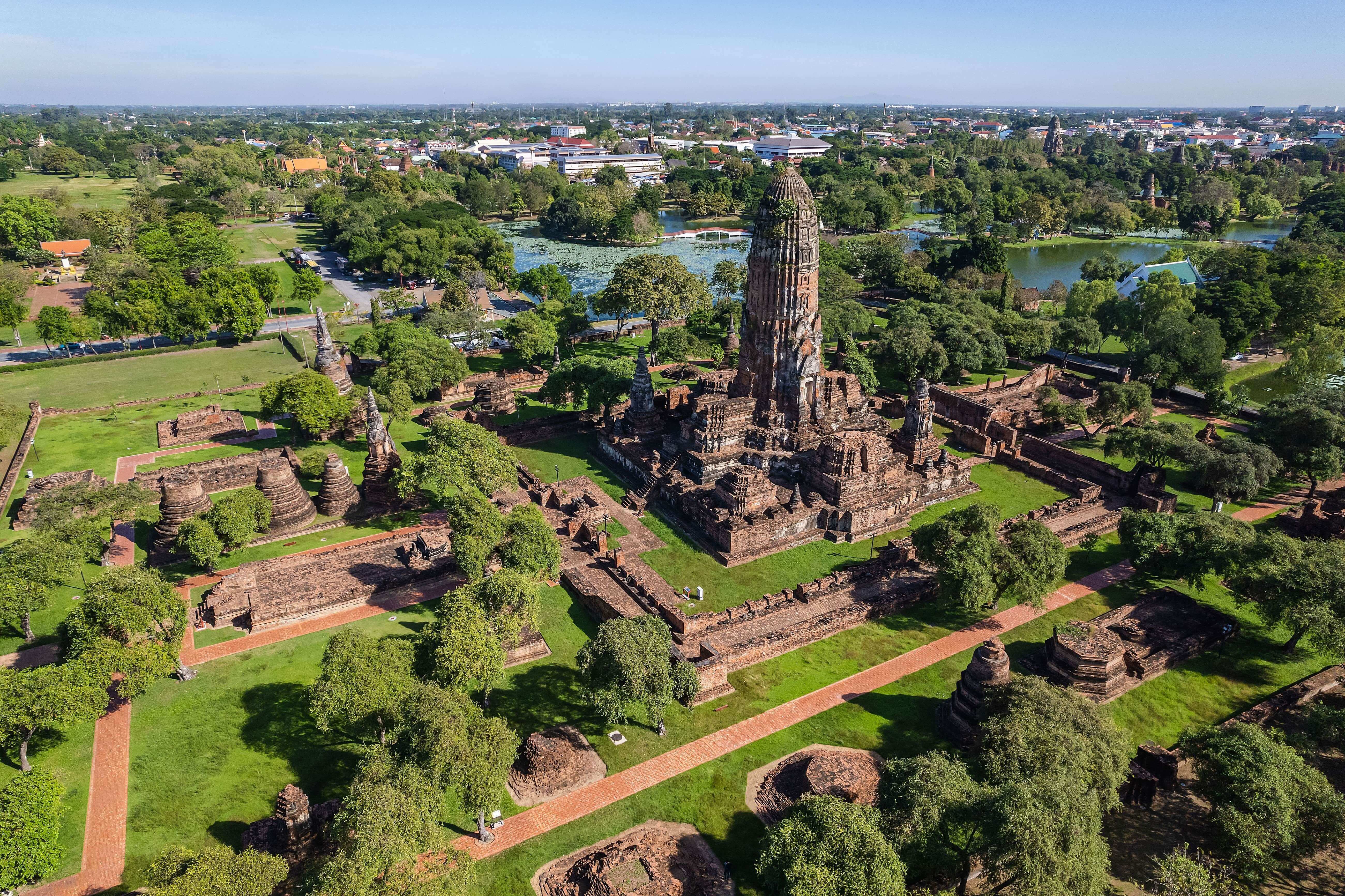 Aerial view of in Ayutthaya temple, Wat Phra Ram in Phra Nakhon Si Ayutthaya, Historic park in Thailand.